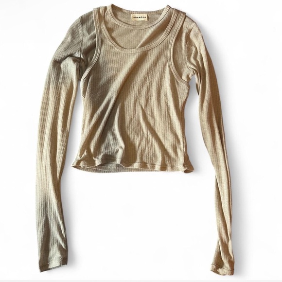 Adanola Cream Layered Tan Fitted Long Sleeve T-Shirt - Picture 1 of 4